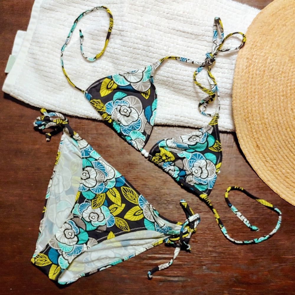 Blue/Teal/Yellow Floral Pattern String Bikini